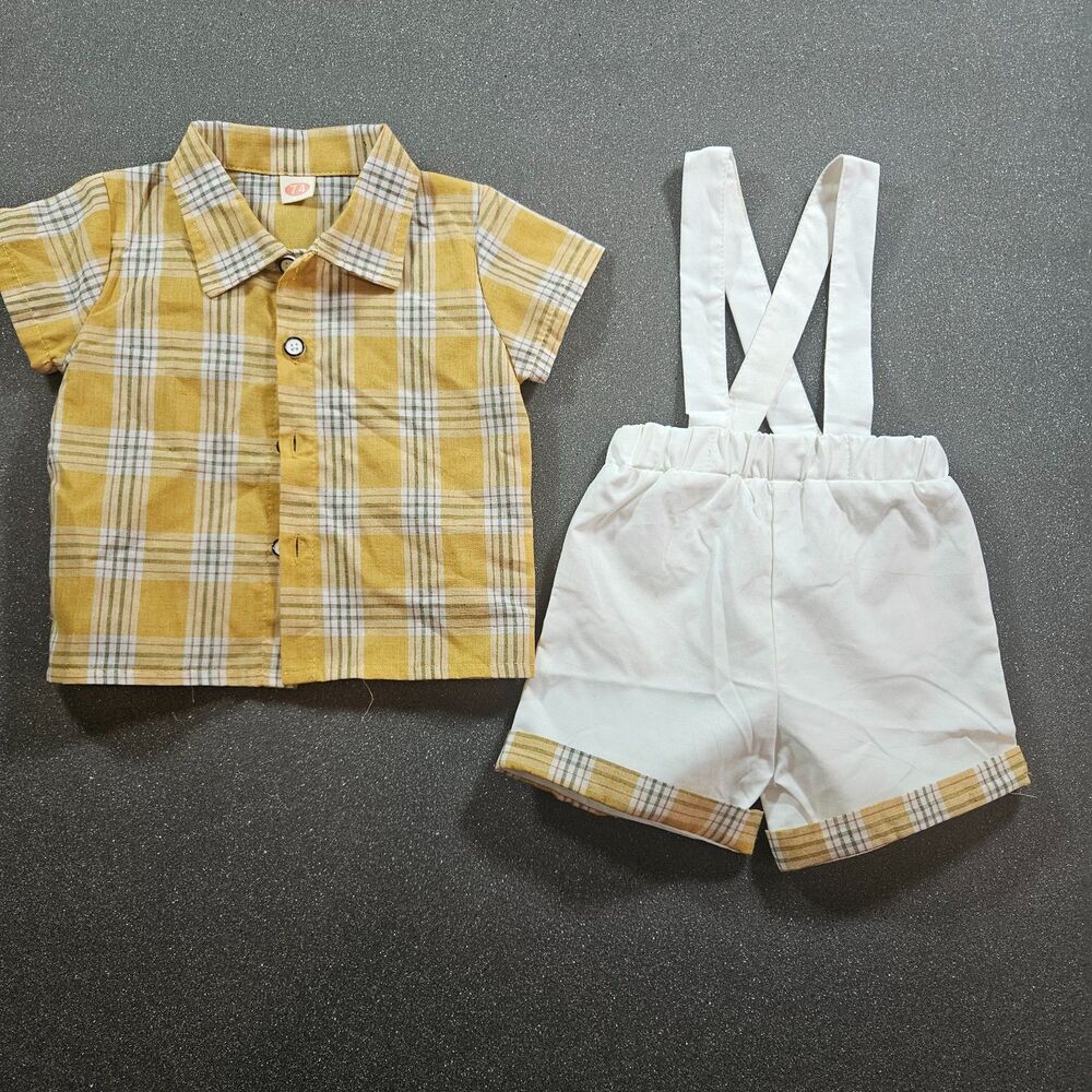 Toddler Plaid Shirt Suspender Shorts Set Yellow White Outfit 12-18M